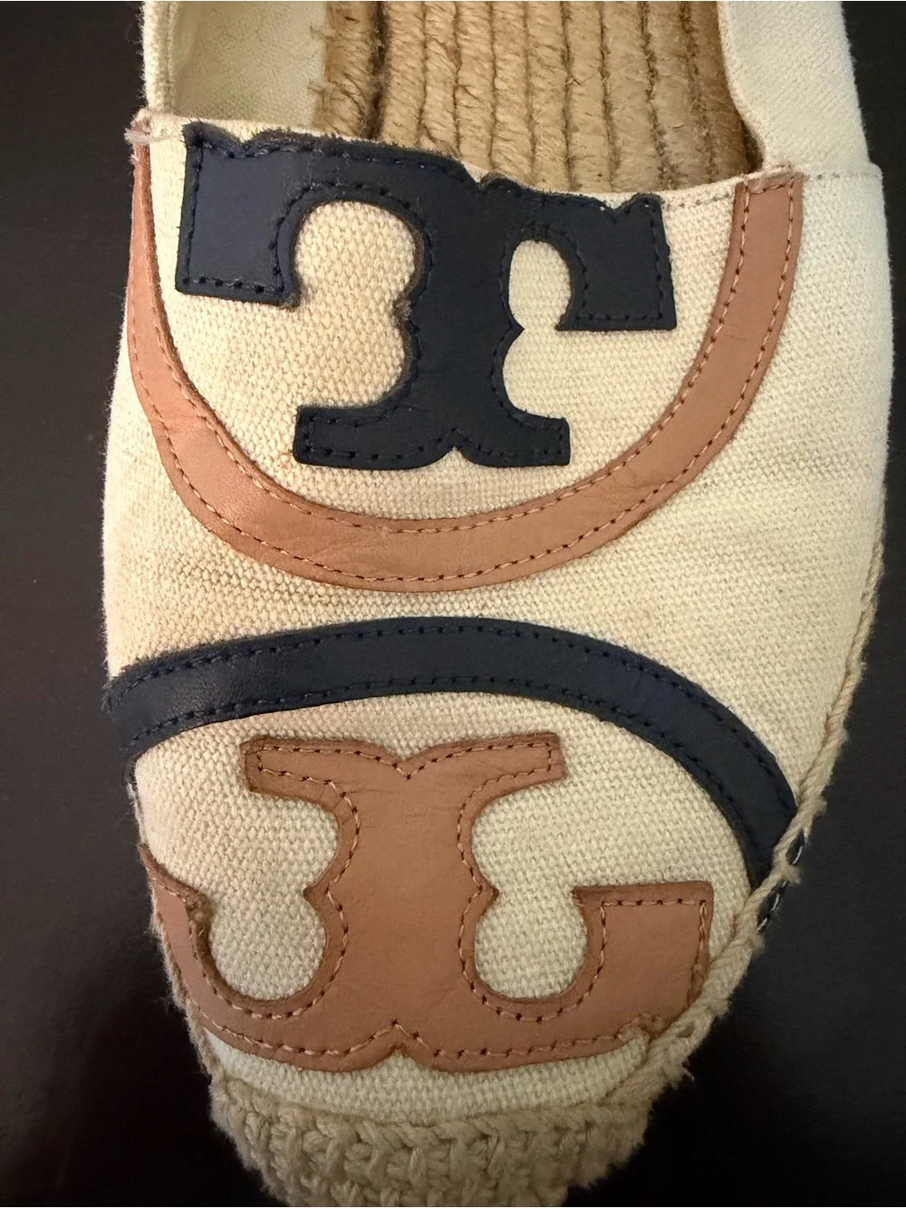 Tory Burch Cream Canvas Espadrilles with Navy & Tan Leather Trim